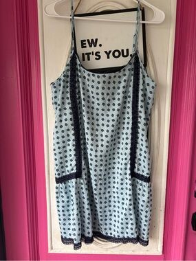 aerie Light Blue Printed Slip with Navy Lace Trim